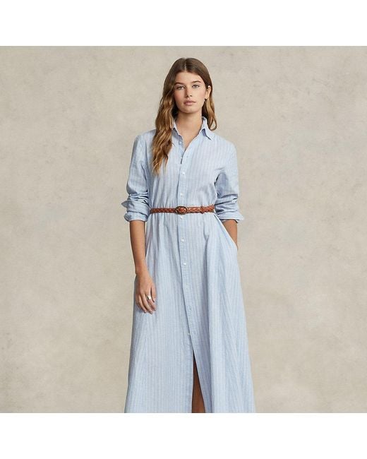Polo Ralph Lauren Blue Belted Striped Linen-cotton Shirtdress