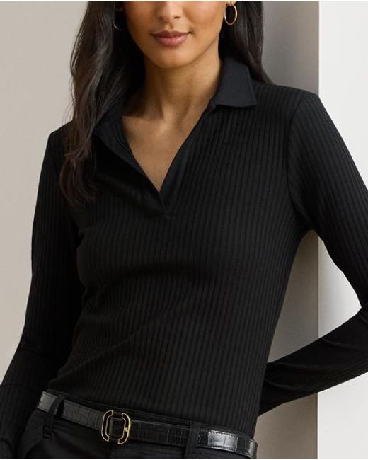 Ralph Lauren Black Langärmliges, Geripptes Polo-Oberteil