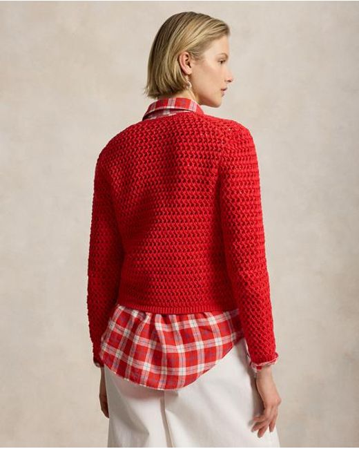 Polo Ralph Lauren Red Big Pony Crocheted Cotton Cardigan