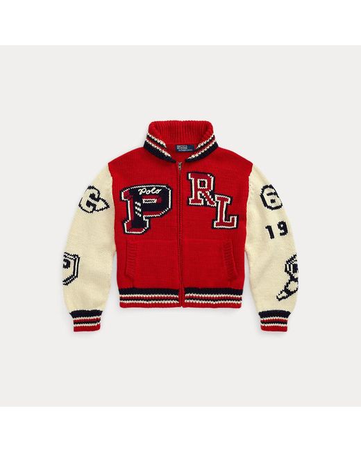 Cardigan con zip e lettere in misto lana di Polo Ralph Lauren in Red
