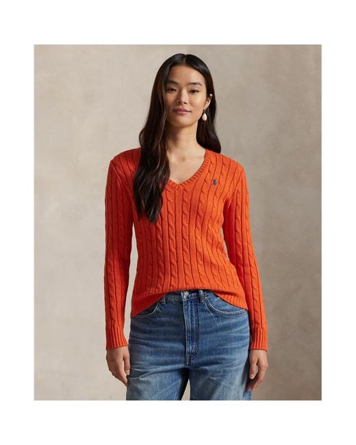 Maglia in cotone a trecce con scollo a V di Polo Ralph Lauren in Red