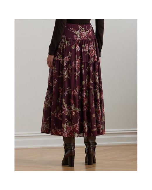 Ralph Lauren Brown Floral Crinkle Georgette Tiered Skirt