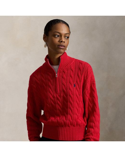 Ralph Lauren Red Cable-Knit Cotton Quarter-Zip Sweater