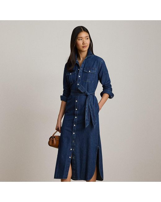 Ralph Lauren Blue Belted Denim Midi Shirtdress