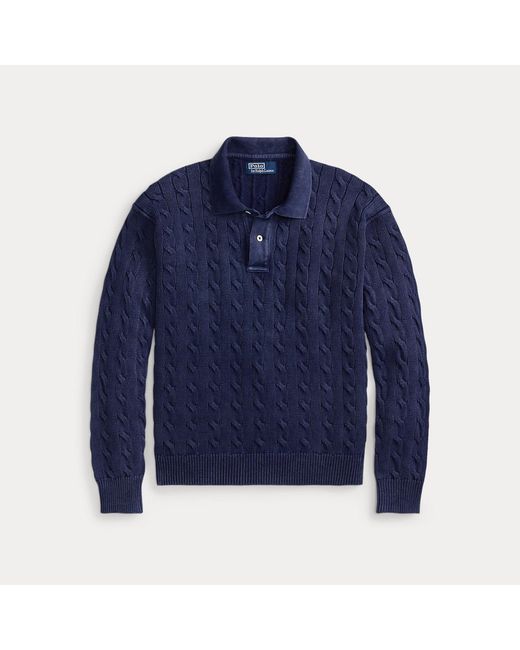 Polo Ralph Lauren Blue Relaxed Cable Cotton Polo-Collar Jumper for men