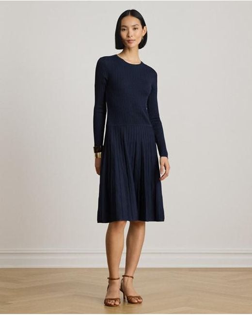 Ralph Lauren Blue Mini-Cable & Rib-Knit Long-Sleeve Dress