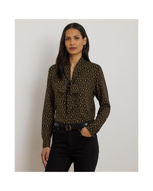 Ralph Lauren Black Chain-Print Crepe Tie-Neck Blouse