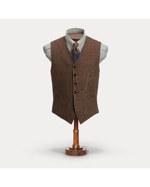 RRL Brown Linen Herringbone Waistcoat for men