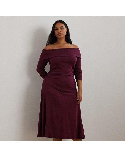 Ralph Lauren Purple Curve - Rib-knit Off-the-shoulder Midi Dress