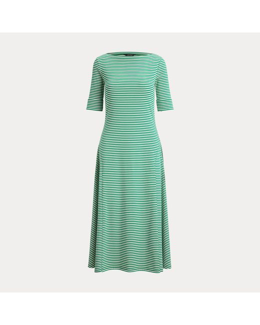 Ralph Lauren Green Striped Stretch Cotton Ribbed Midi Dress
