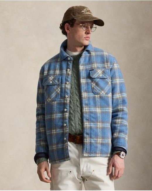 Polo Ralph Lauren Blue Plaid Felted Wool Overshirt for men