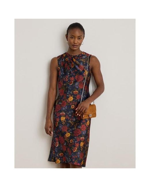 Ralph Lauren Brown Floral Pleated Charmeuse Cocktail Dress