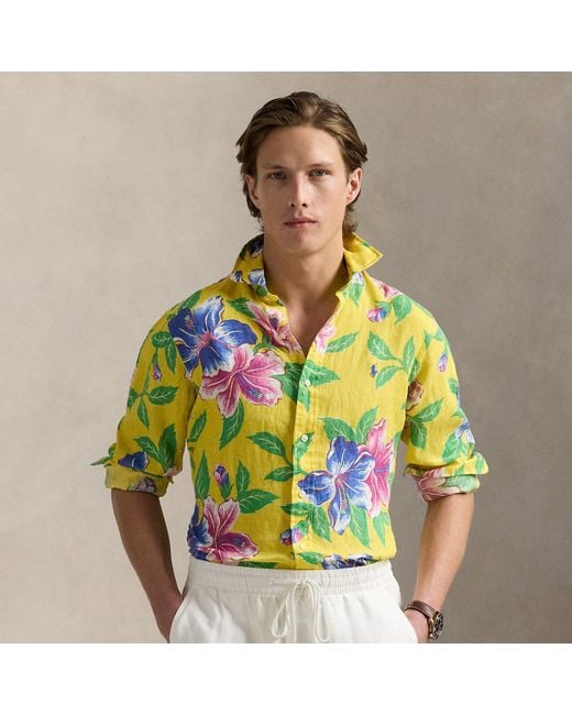 Ralph Lauren Green Classic Fit Hibiscus-Print Linen Shirt for men