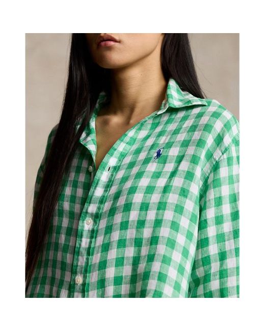 Polo Ralph Lauren Green Wide Cropped Gingham Linen Shirt