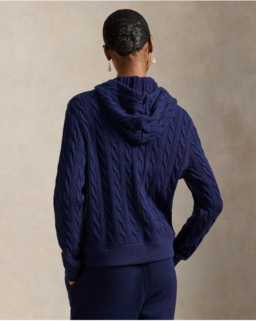 Polo Ralph Lauren Blue Textured Cable Knit Cotton Sweatshirt With Zip Fastening
