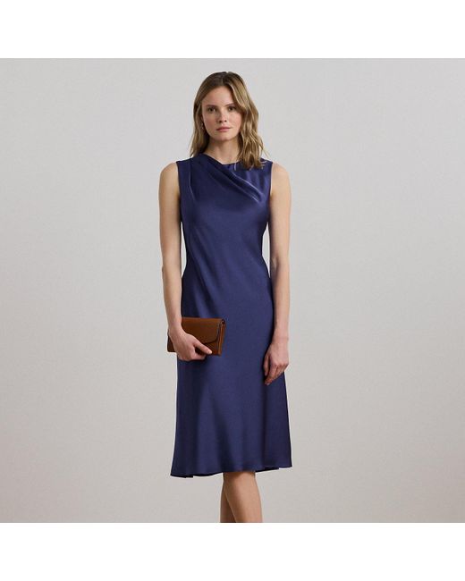 Ralph Lauren Blue Pleated Satin Charmeuse Cocktail Dress