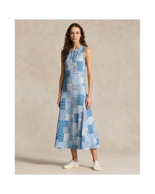 Polo Ralph Lauren Blue Doppellagiges ärmelloses Patchwork-Kleid