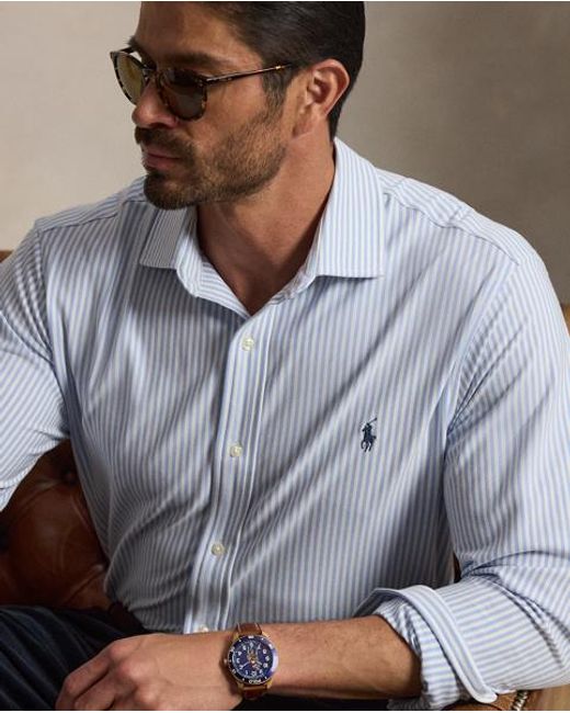 Ralph Lauren Blue Striped Stretch Knit Oxford Shirt for men