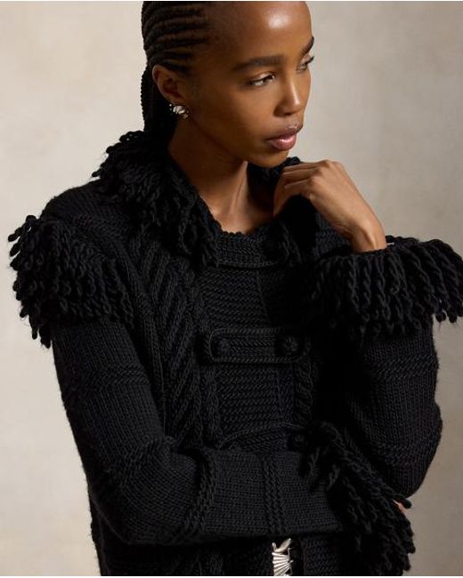 Polo Ralph Lauren Black Knit-Fringe Wool Cardigan