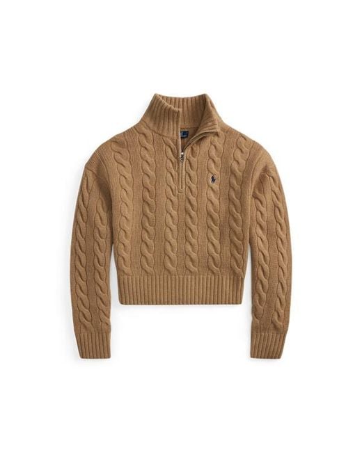 Polo Ralph Lauren Cable Wool-Cashmere Half-Zip Sweater in Brown