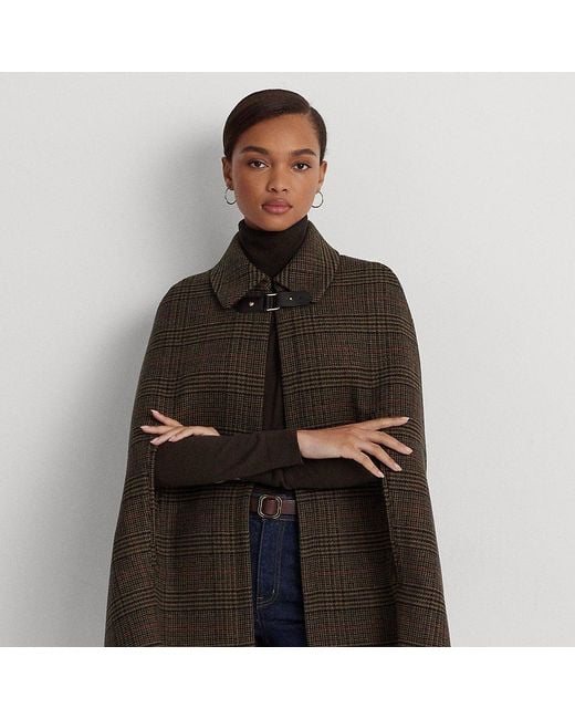 Lauren by Ralph Lauren Brown Ralph Lauren Glen Plaid Buckle-trim Wool-blend Cape