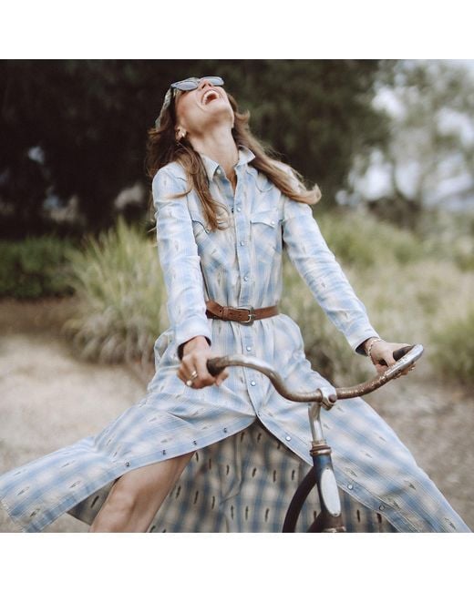 RRL Blue Plaid Dobby Western Shirt Dress