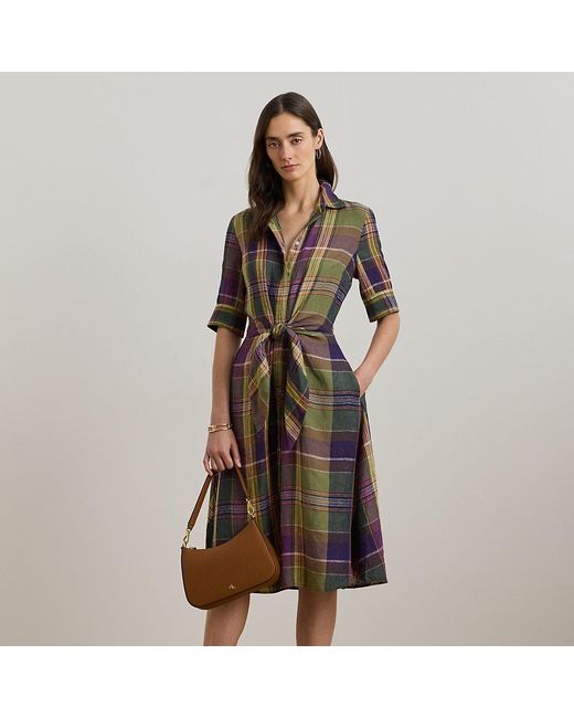 Ralph Lauren Brown Ralph Lauren Plaid Tie-Front Linen Shirtdress