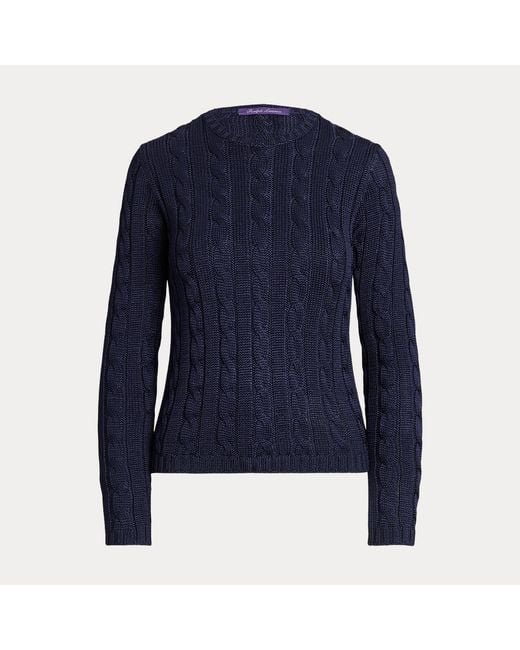 Ralph Lauren Blue Cable-Knit Silk Crewneck Sweater