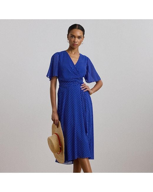 Ralph Lauren Blue Polka-Dot Belted Crinkle Georgette Dress