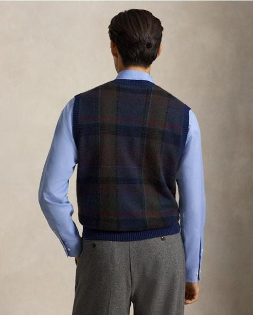 Ralph Lauren Blue Plaid Wool-Cotton Sweater Vest for men
