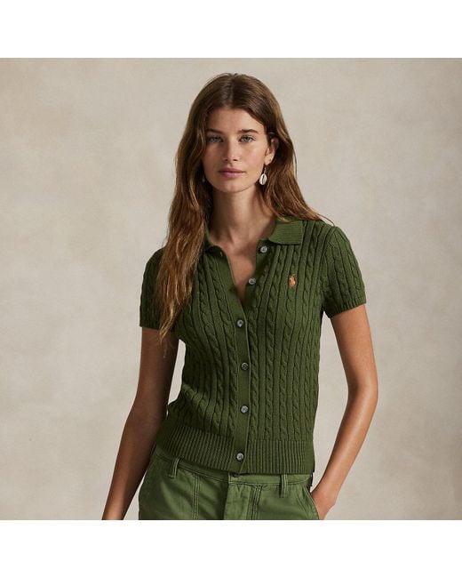 Polo Ralph Lauren Green Cable Cotton Short-Sleeve Polo Cardigan