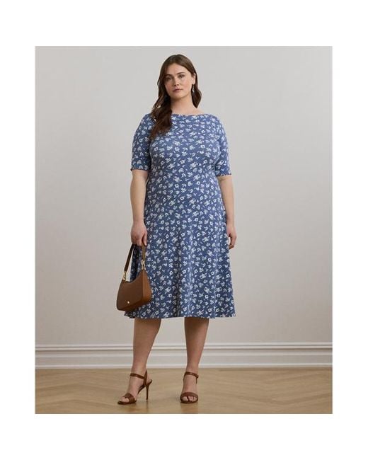 Taglie Plus - Abito medio in cotone stretch a fiori di Ralph Lauren in Blue