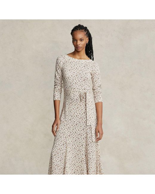 Polo Ralph Lauren Floral Cotton Boatneck Midi Dress in Gray | Lyst