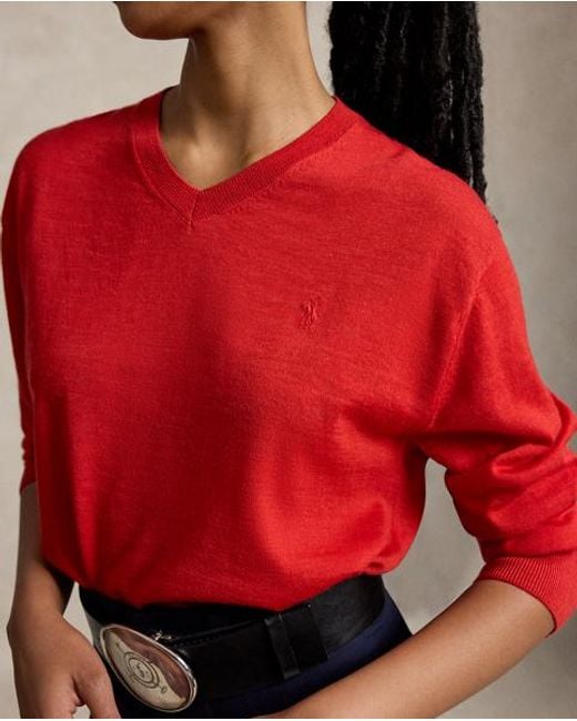 Polo Ralph Lauren Red Wool V-Neck Jumper