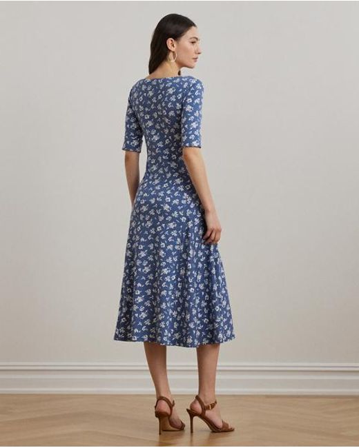 Vestido Midi De Algodón Elástico Floral Ralph Lauren de color Blue