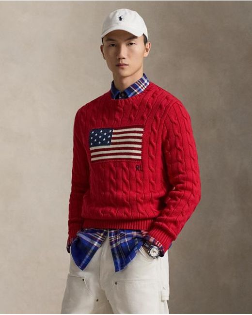 Polo Ralph Lauren Red Cable-Knit Iconic Flag Jumper for men