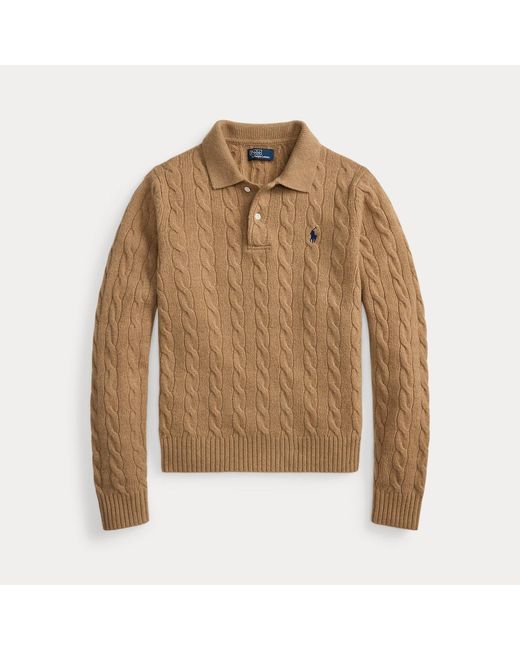 Polo Ralph Lauren Brown Cable-Knit Wool-Cashmere Polo Jumper