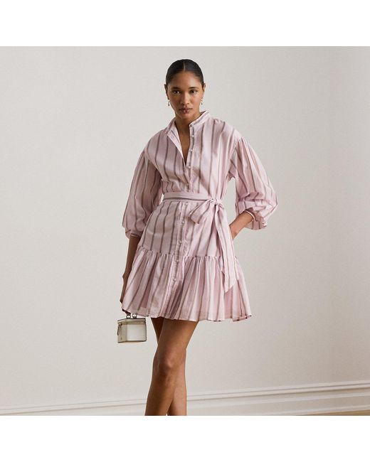 Ralph Lauren Pink Striped Voile Blouson-Sleeve Shirtdress