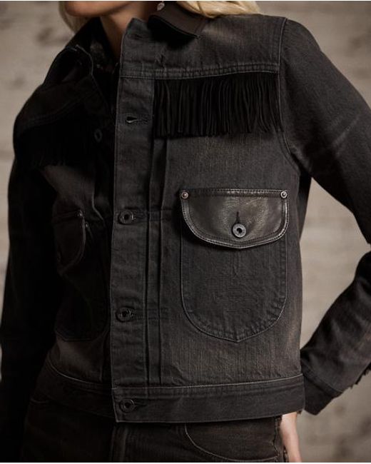 RRL Black Suede-Trim Denim Jacket
