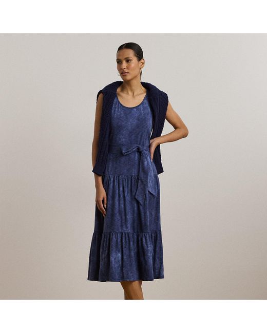 Ralph Lauren Blue Ralph Lauren Print Belted Slub Jersey Tiered Dress