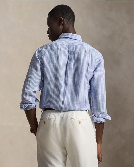 Polo Ralph Lauren Blue Custom Fit Striped Linen Shirt for men