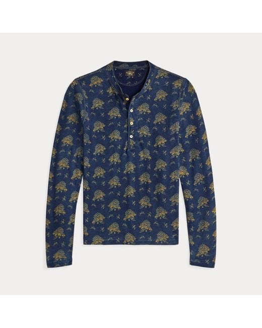 RRL Blue Floral Cotton-Linen Henley