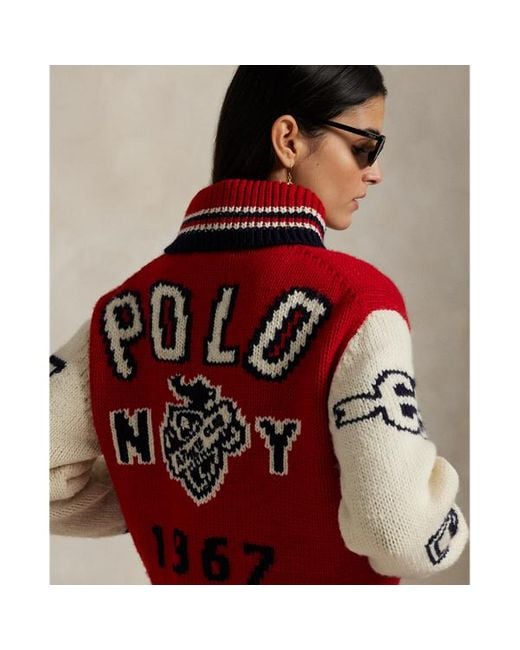 Cardigan con zip e lettere in misto lana di Polo Ralph Lauren in Red