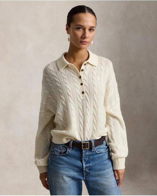 Polo Ralph Lauren White Cable Wool-Cashmere Polo-Collar Jumper