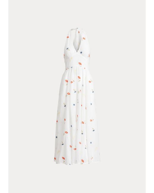 Polo Ralph Lauren White Embroidered Cotton Halter Dress
