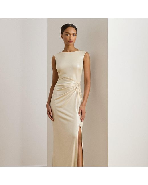 Ralph Lauren Natural Buckle-Trim Metallic Jersey Gown