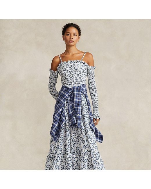 Ralph Lauren Blue Floral Smocked Cotton Midi Dress