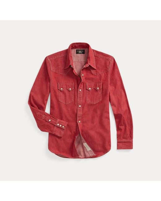 RRL Red Slim Fit Denim Western Shirt for men