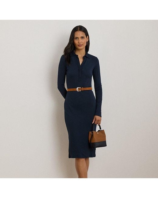 Ralph Lauren Blue Rib-Knit Cotton-Blend Polo Dress