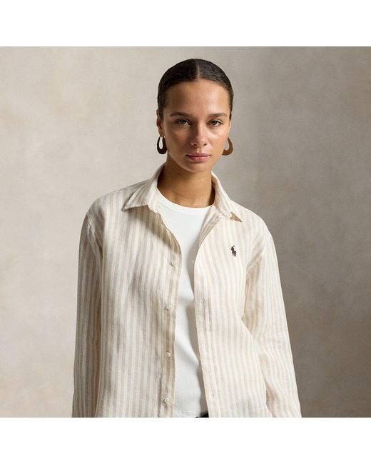 Polo Ralph Lauren White Wide Cropped Gingham Linen Shirt